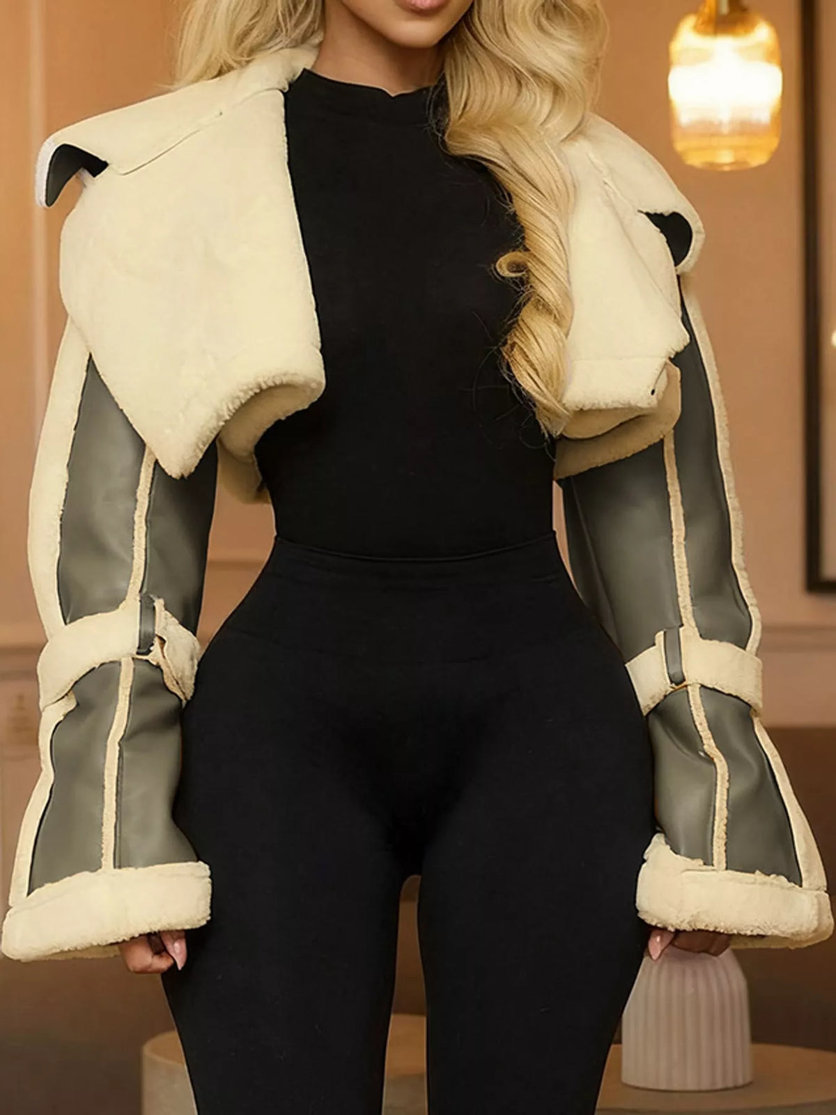 Demi Faux Leather Shearling-Trim Cropped Jacket in Army Green, on model