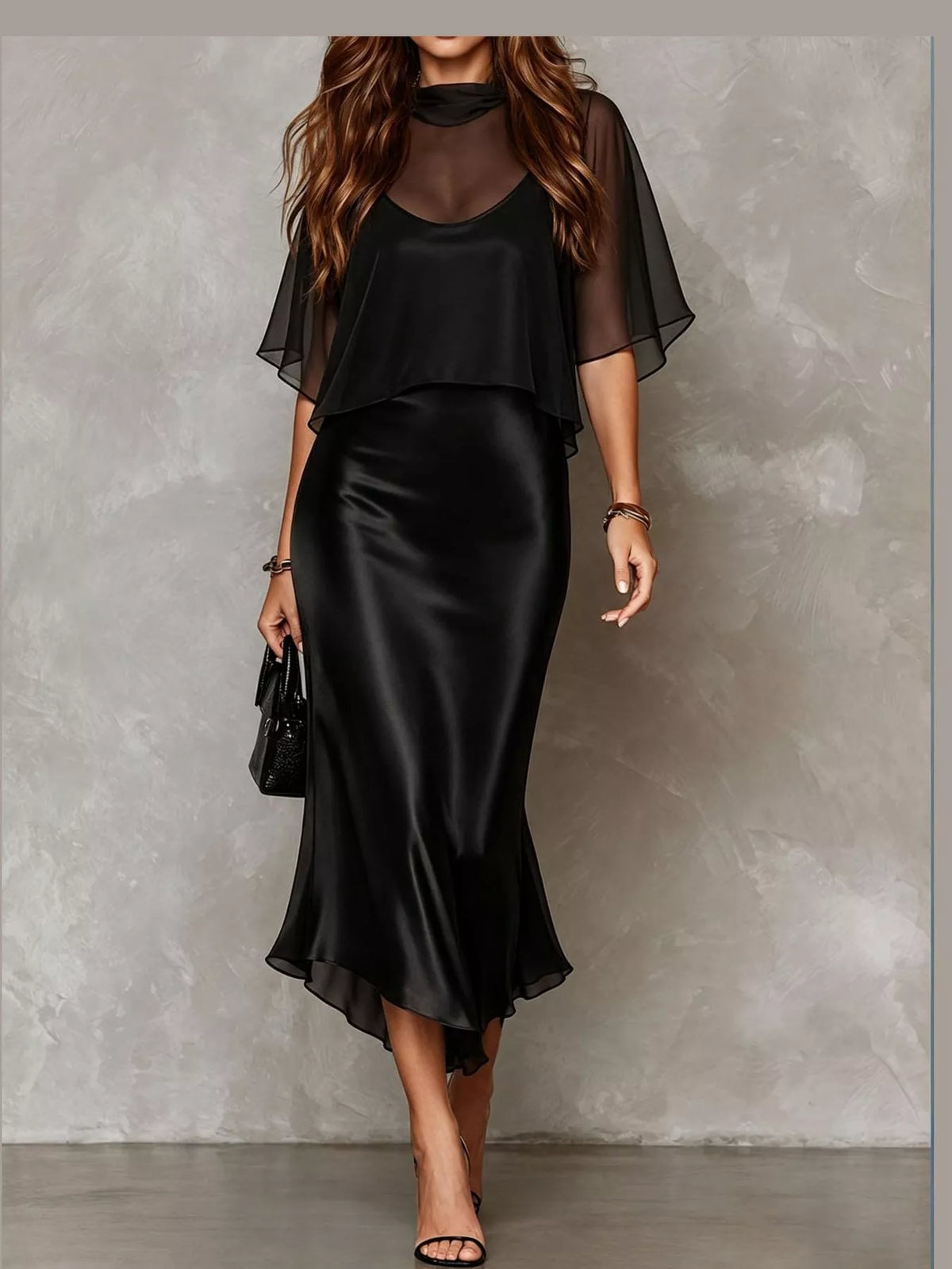 Calla Satin Slip Dress + Sheer Cape Set in Black, on model