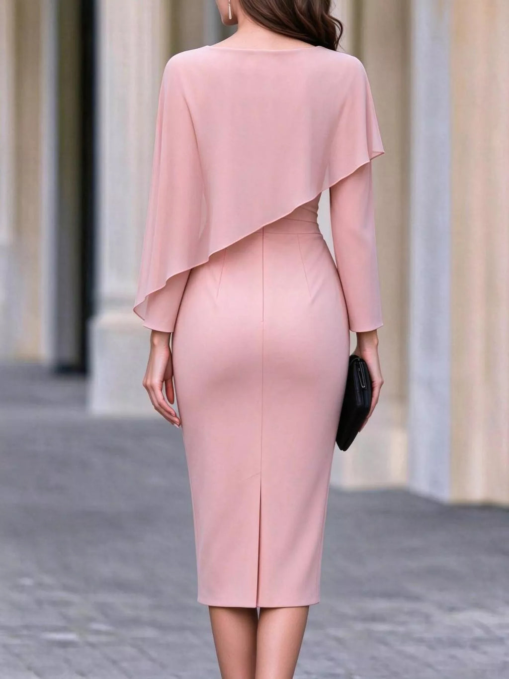 Rosalind Cape-Sleeve Midi Dress in Dusty Pink, on model