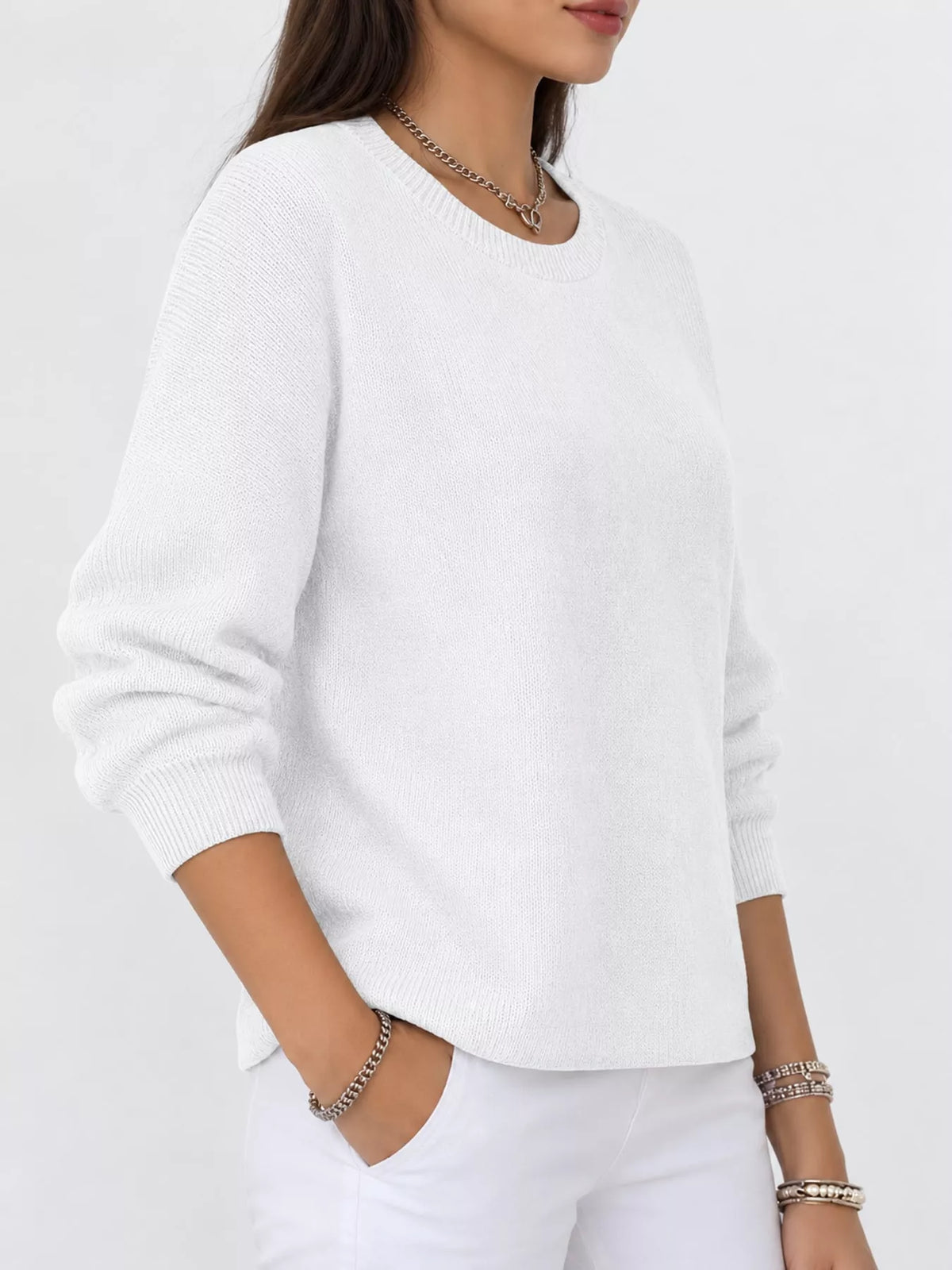Corinne Classic Crew-Neck Sweater in White, on model