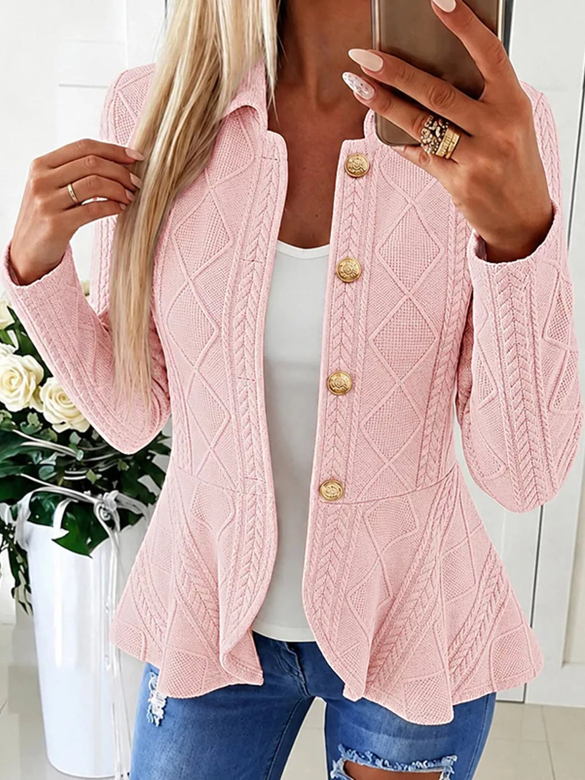 Briar Cable-Knit Peplum Cardigan in Pink, on model