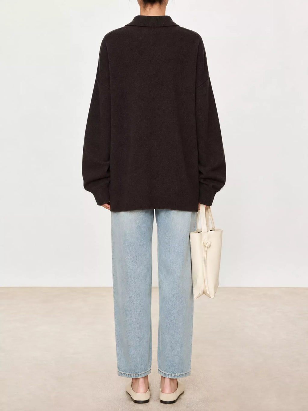 Priya Polo-Collar Drop-Shoulder Sweater in Brown, on model