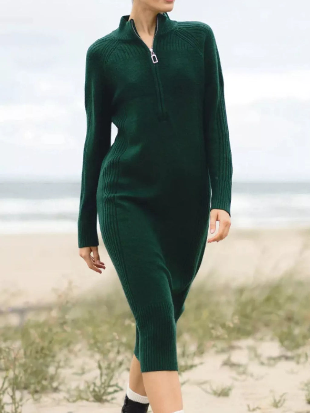 Annelise Half-Zip Ribbed Sweater Maxi Dress in Dark Green, on model