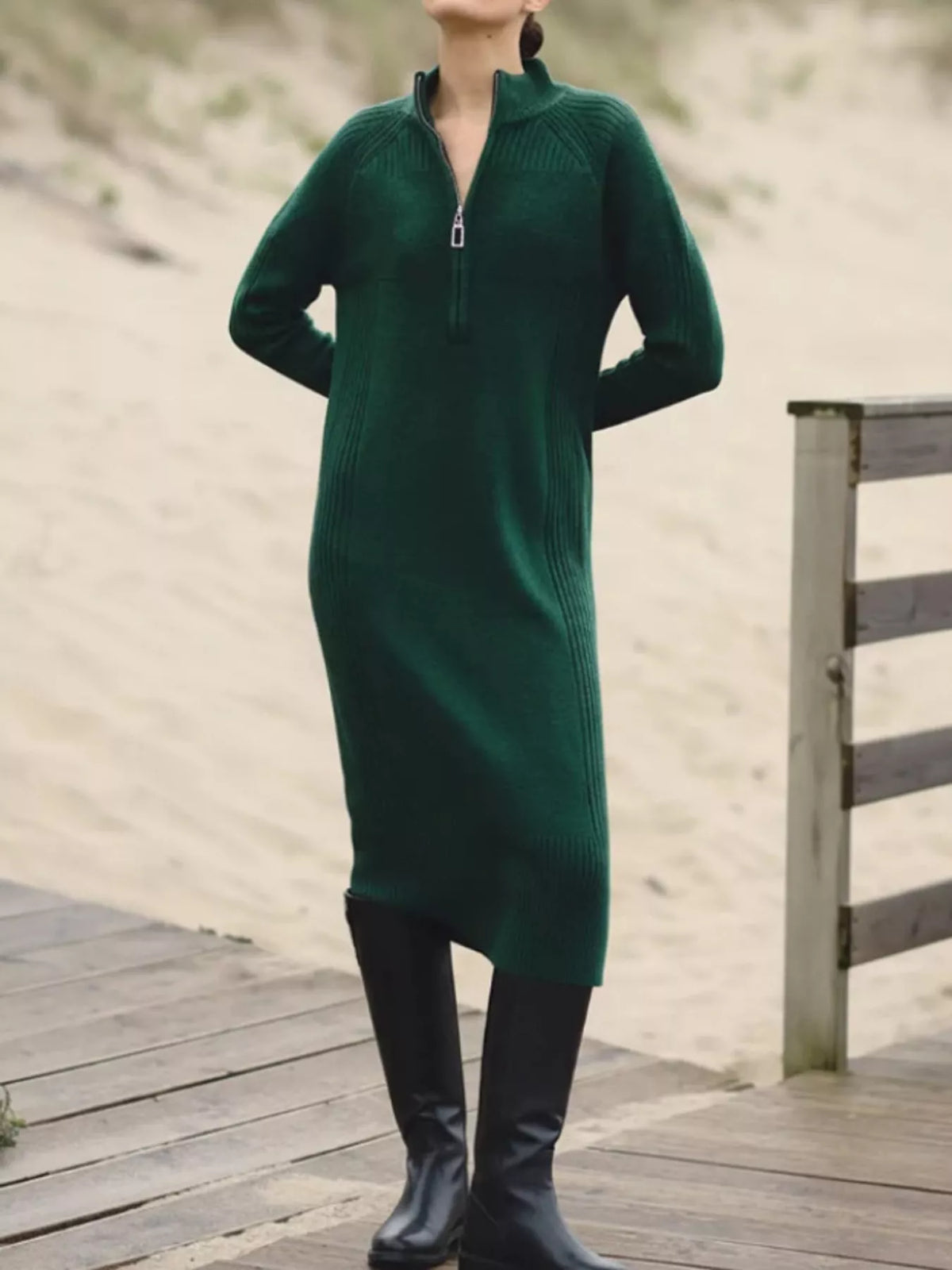 Annelise Half-Zip Ribbed Sweater Maxi Dress in Dark Green, on model