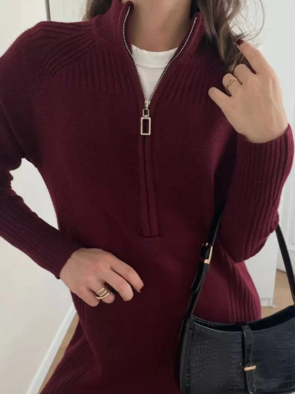 Annelise Half-Zip Ribbed Sweater Maxi Dress in Dark Red, on model