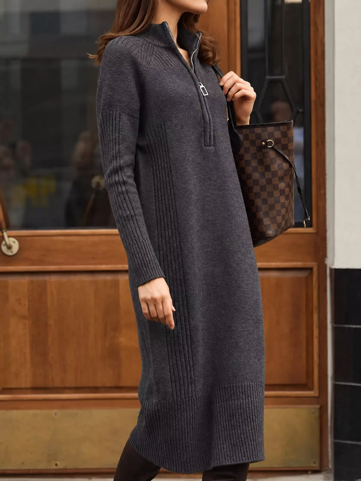 Annelise Half-Zip Ribbed Sweater Maxi Dress in Dark Gray, on model