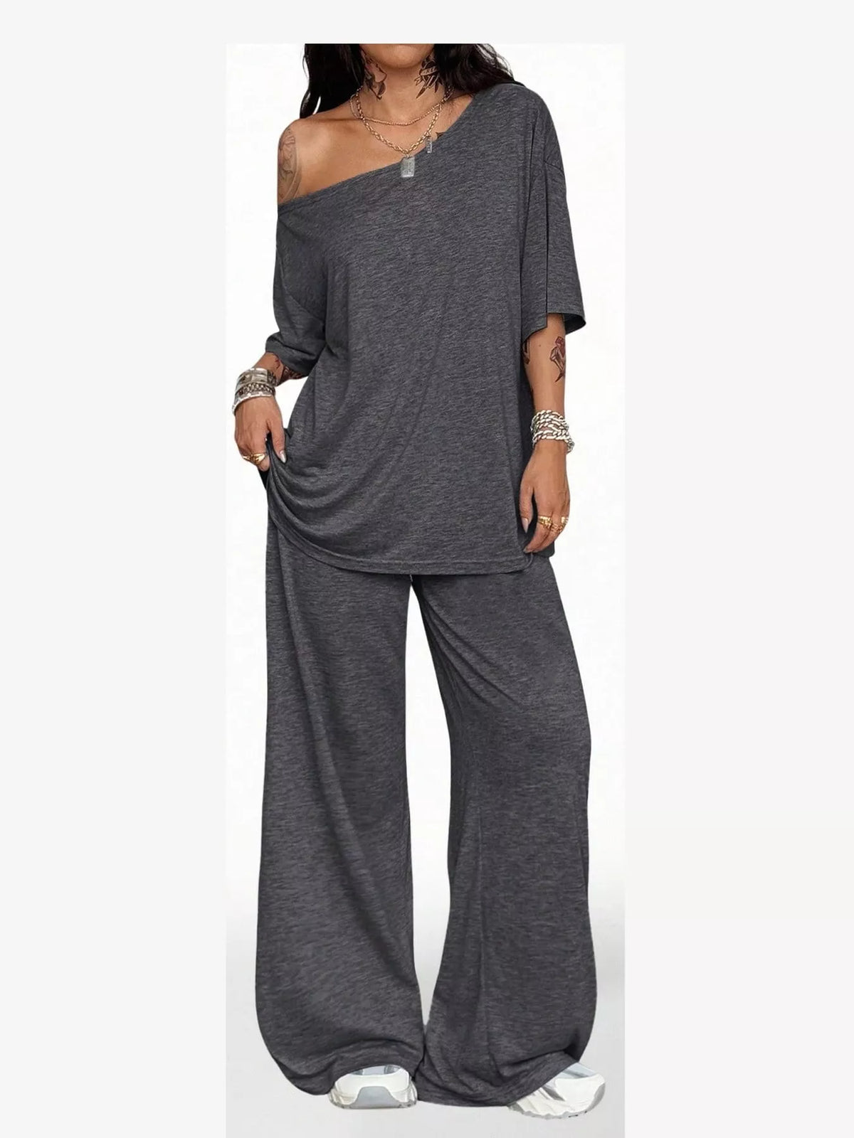 Linnea Off-Shoulder Top + Wide-Leg Pants Set in Dark Gray, on model