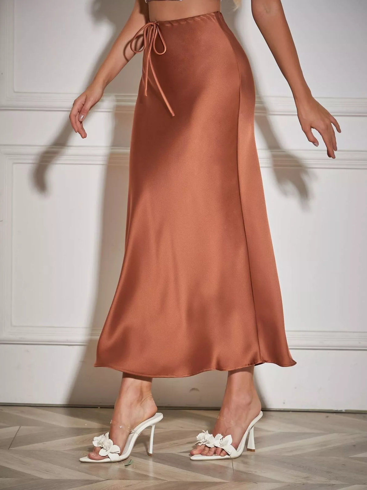 Jacqueline Cognac Satin Midi Skirt, on model