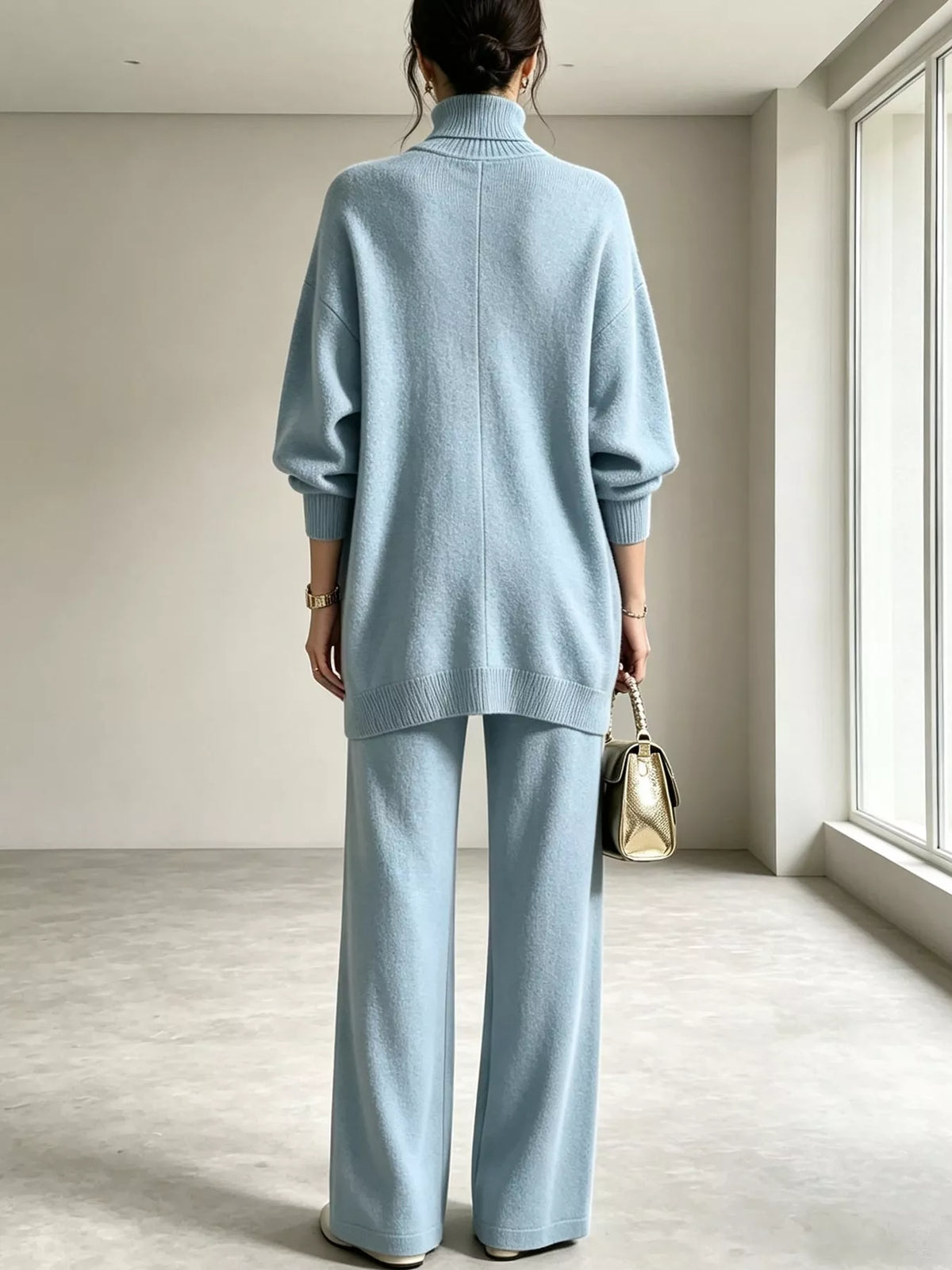 Tove Turtleneck Sweater Tunic + Pants Set in Light Blue, on model
