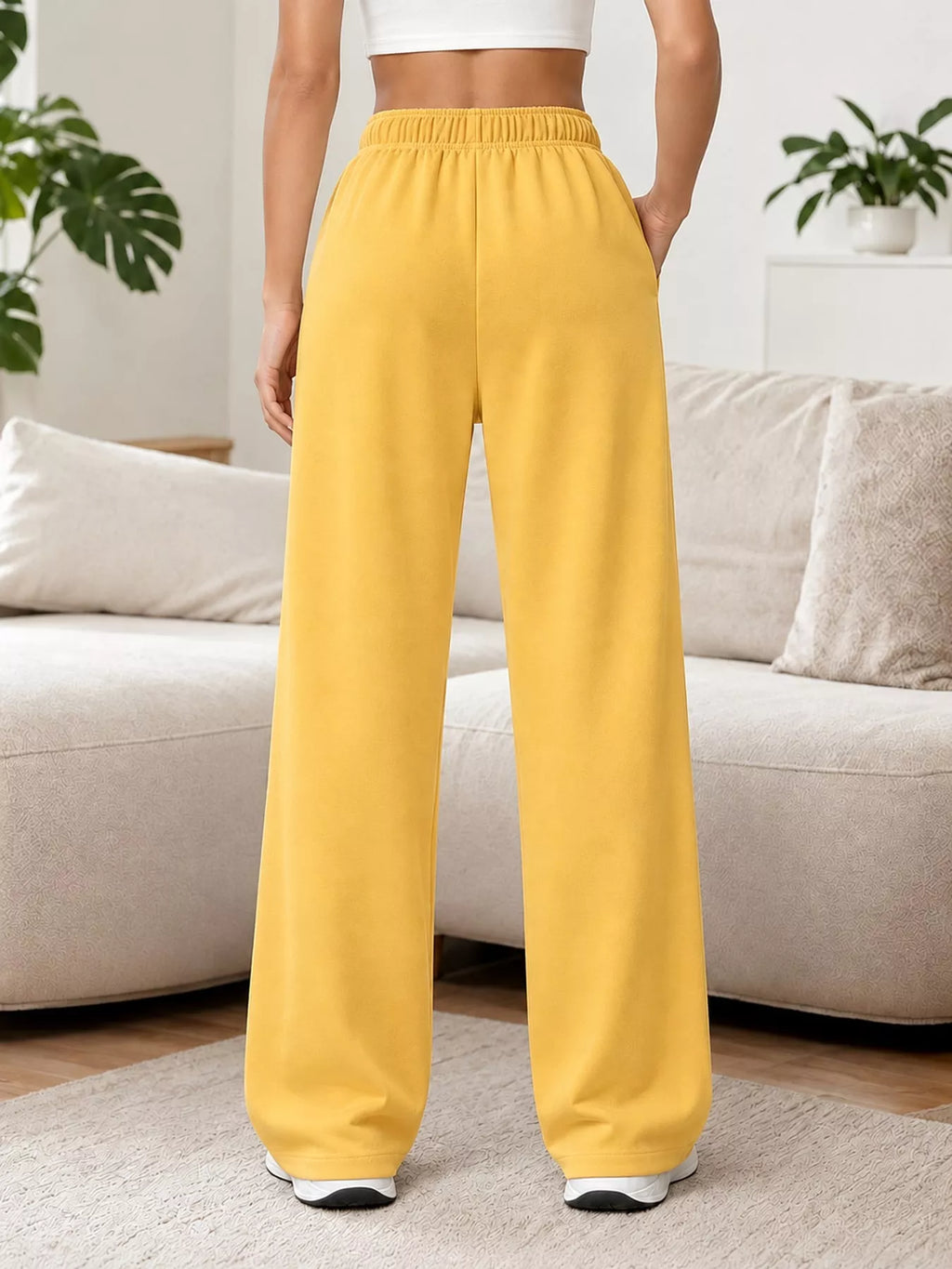 Odessa Drawstring Wide-Leg Sweatpants in Yellow, on model