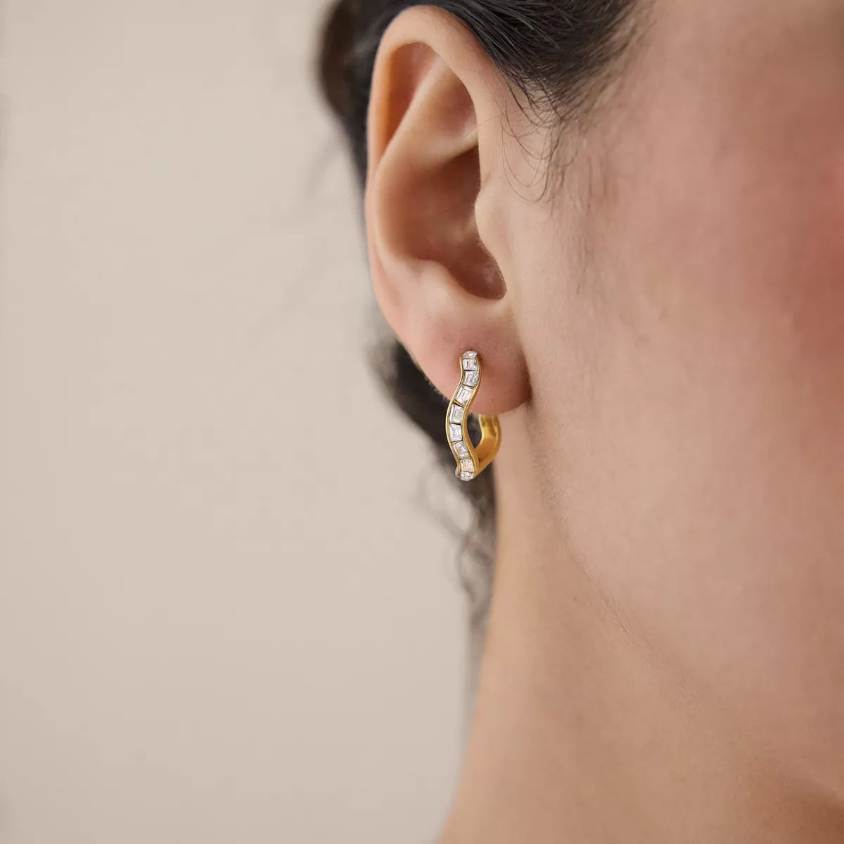 Gemma Gold Zircon Hoop Earrings, worn on model