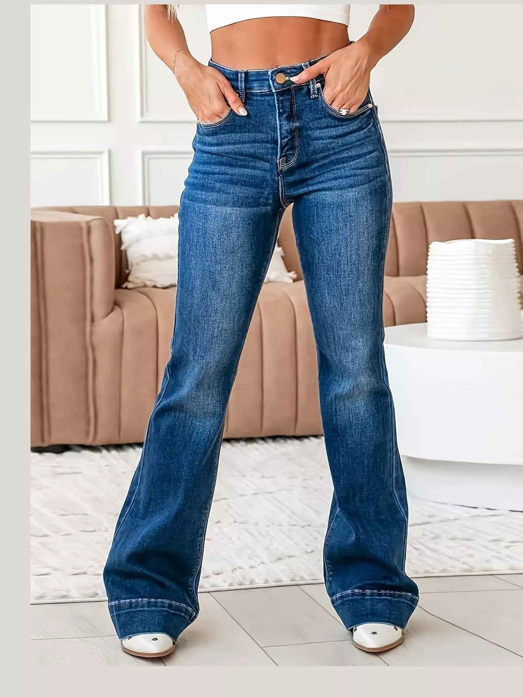Cleo High-Rise Flare Jeans in Dark Blue, on model