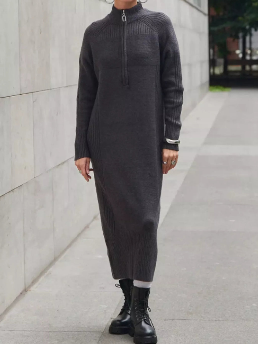 Annelise Half-Zip Ribbed Sweater Maxi Dress in Dark Gray, on model