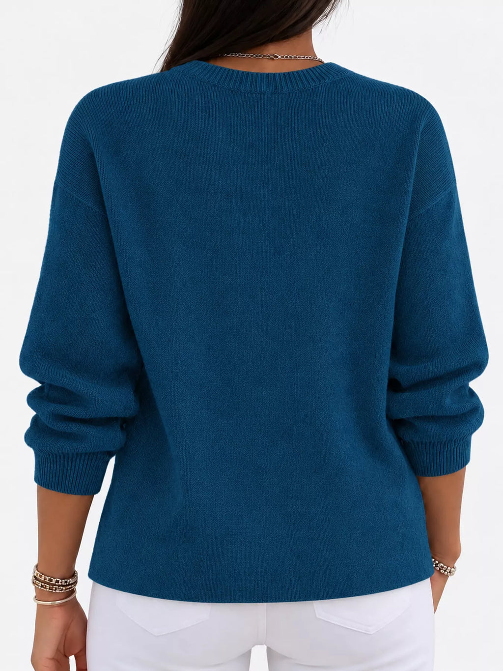 Corinne Classic Crew-Neck Sweater in Dark Blue, on model