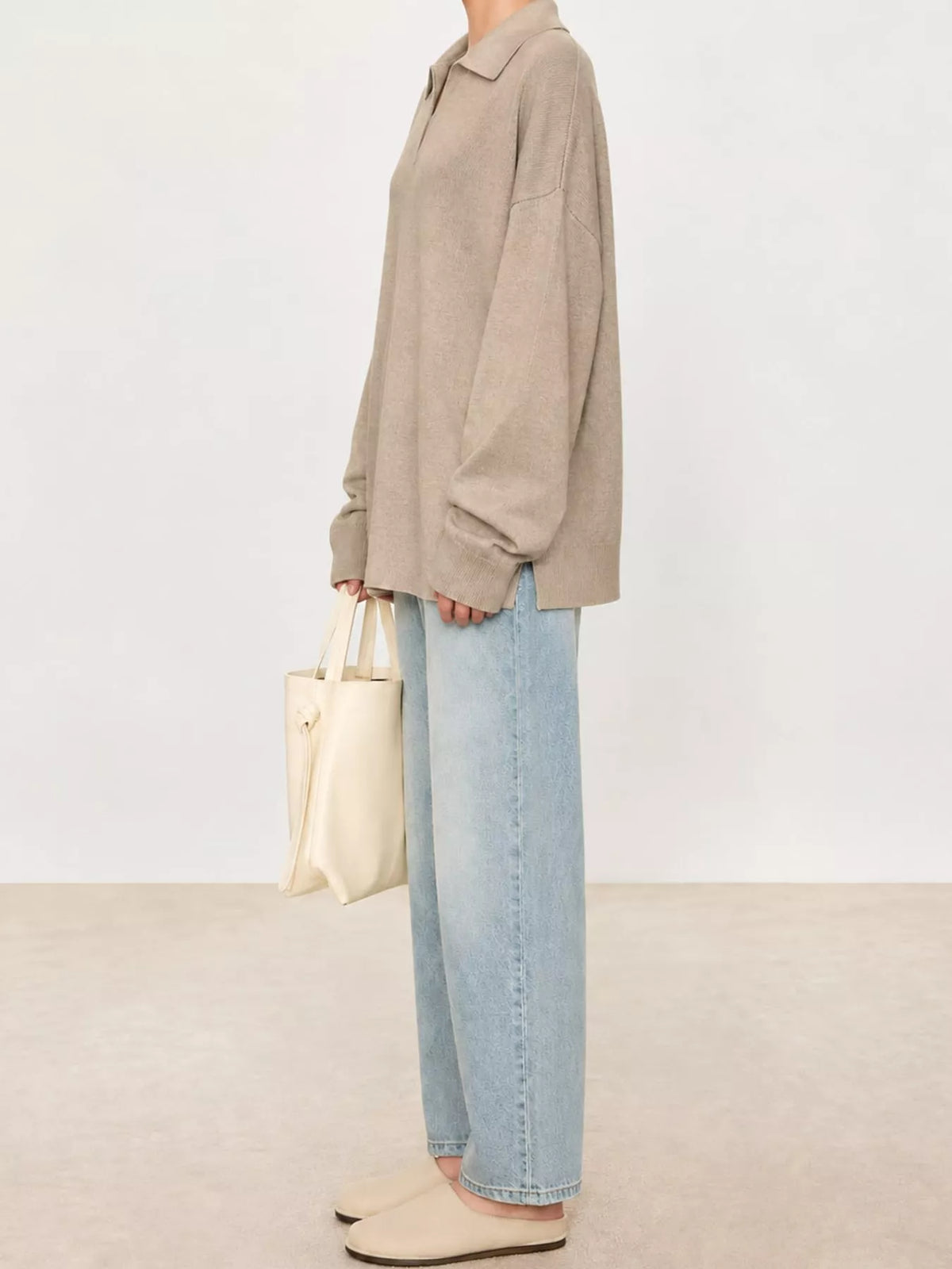 Priya Polo-Collar Drop-Shoulder Sweater in Oatmeal, on model