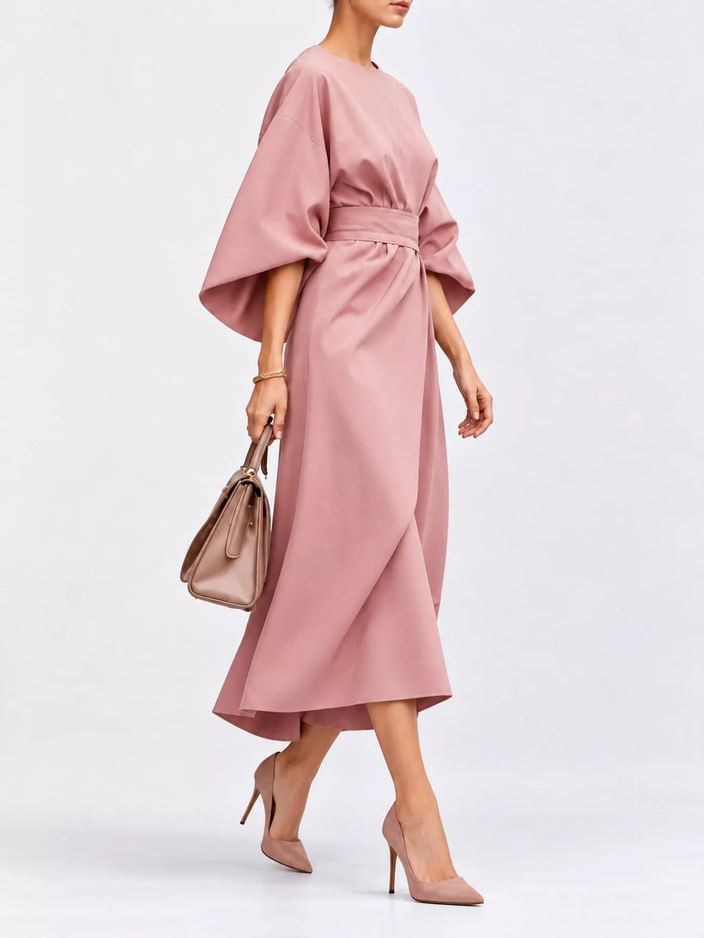 Bettina Kimono-Sleeve Wrap Midi Dress in Pink, on model
