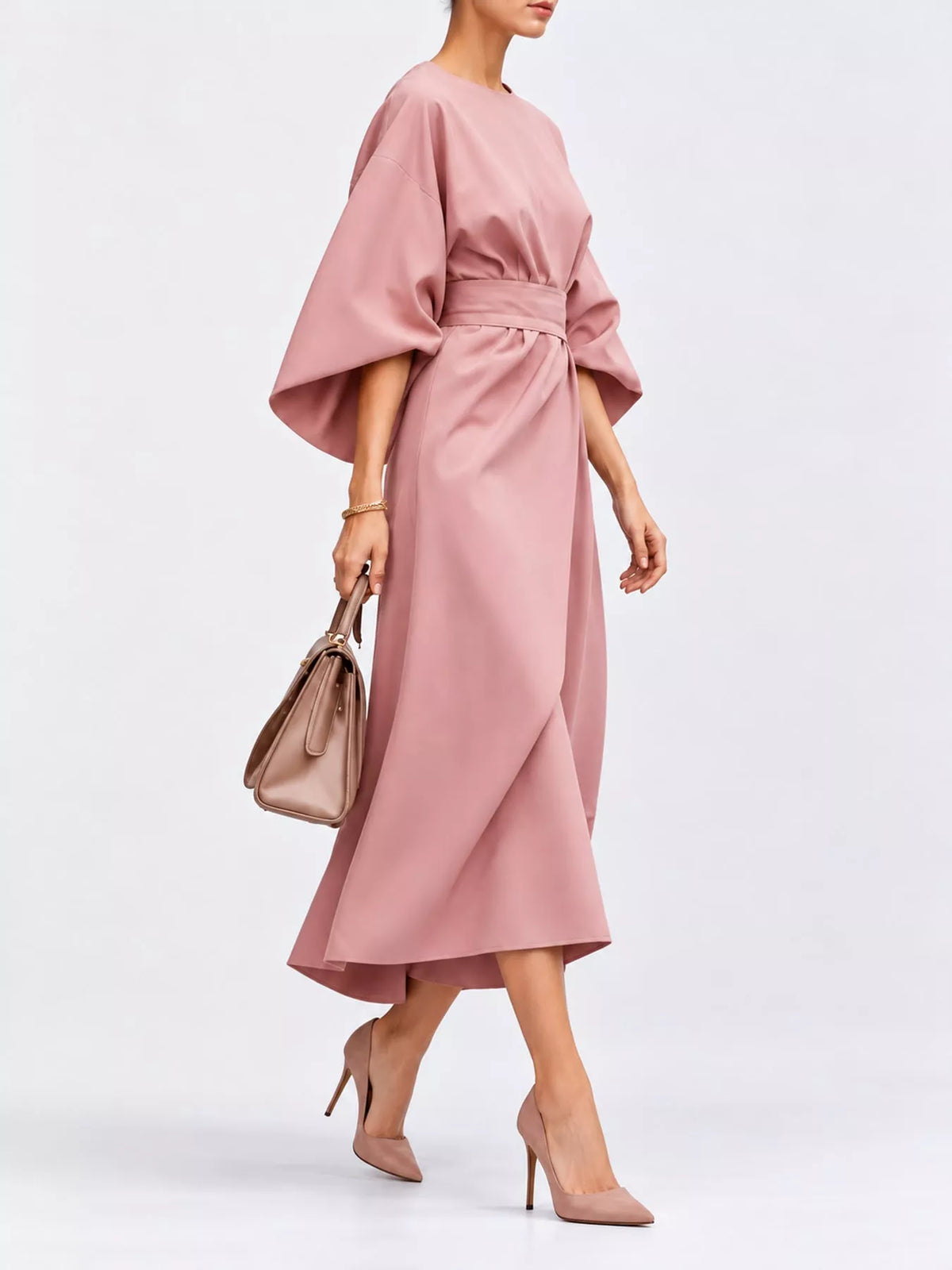Bettina Kimono-Sleeve Wrap Midi Dress in Pink, on model