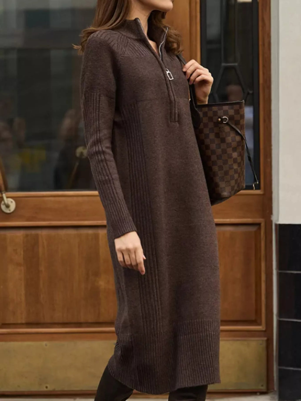 Annelise Half-Zip Ribbed Sweater Maxi Dress in Coffee, on model