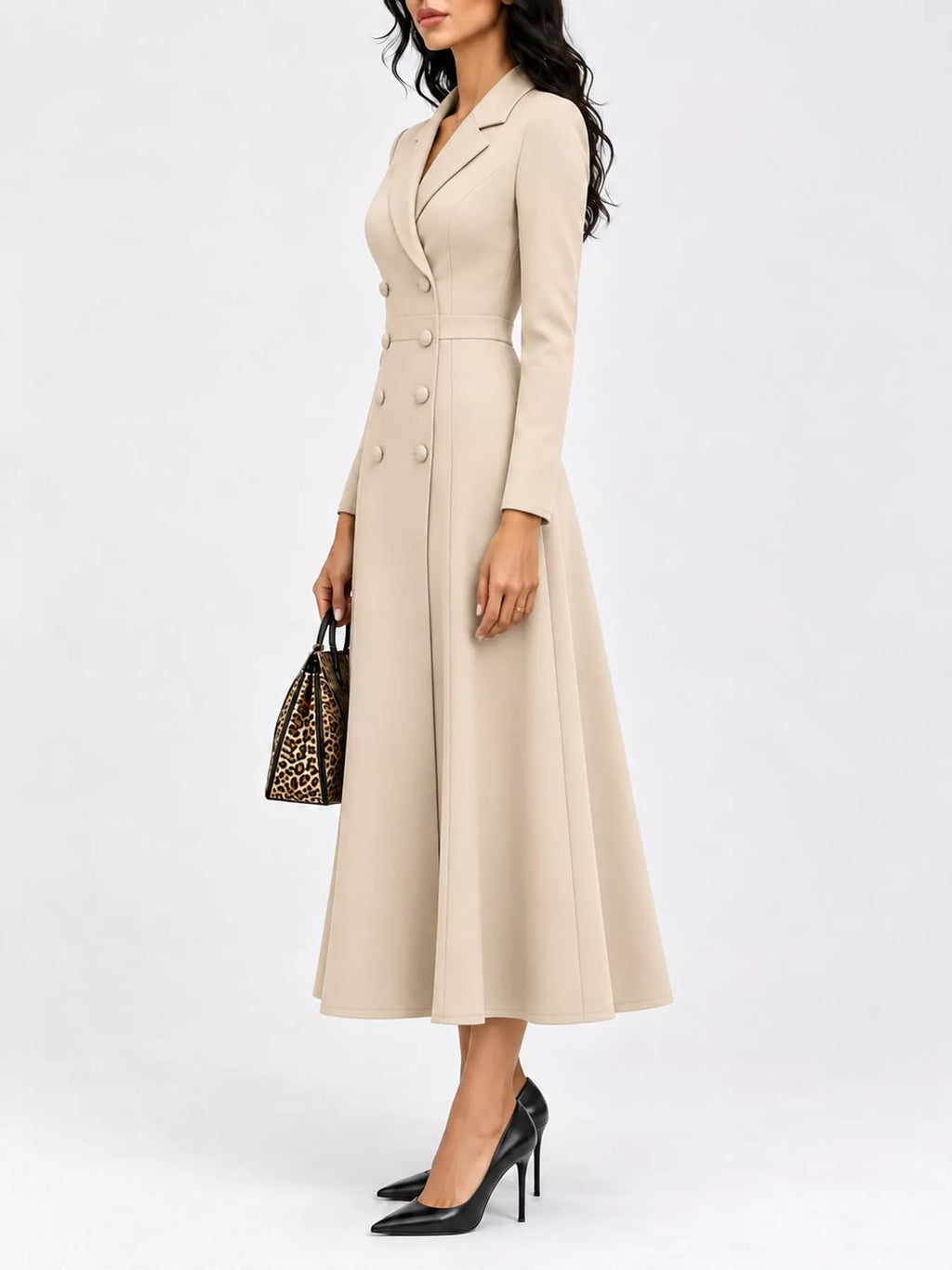 Solenne Double-Breasted Coat Midi Dress in Khaki, on model
