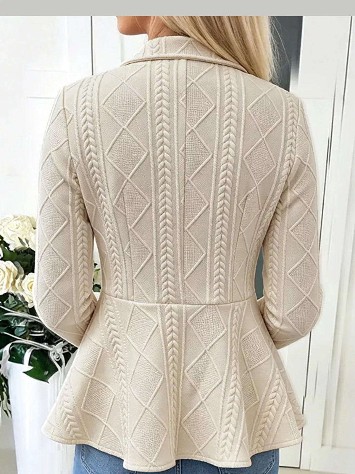 Briar Cable-Knit Peplum Cardigan in Apricot, on model