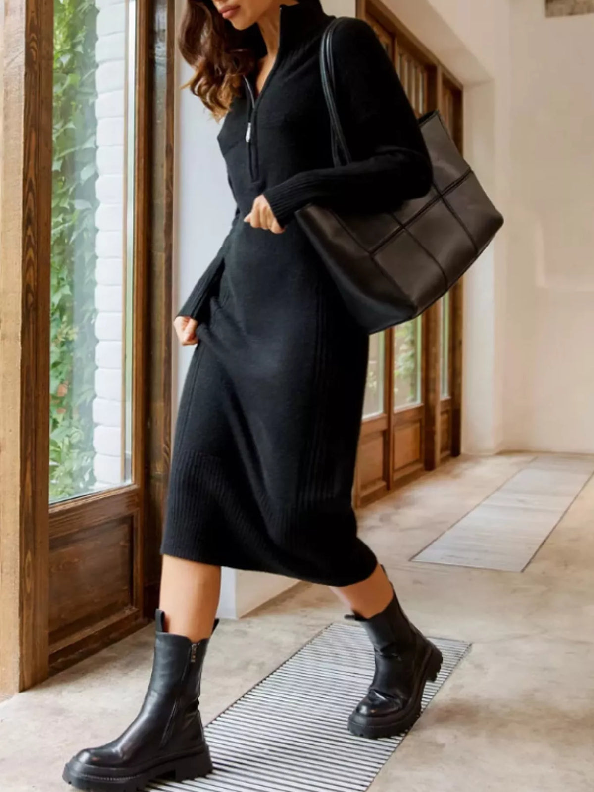 Annelise Half-Zip Ribbed Sweater Maxi Dress in Black, on model