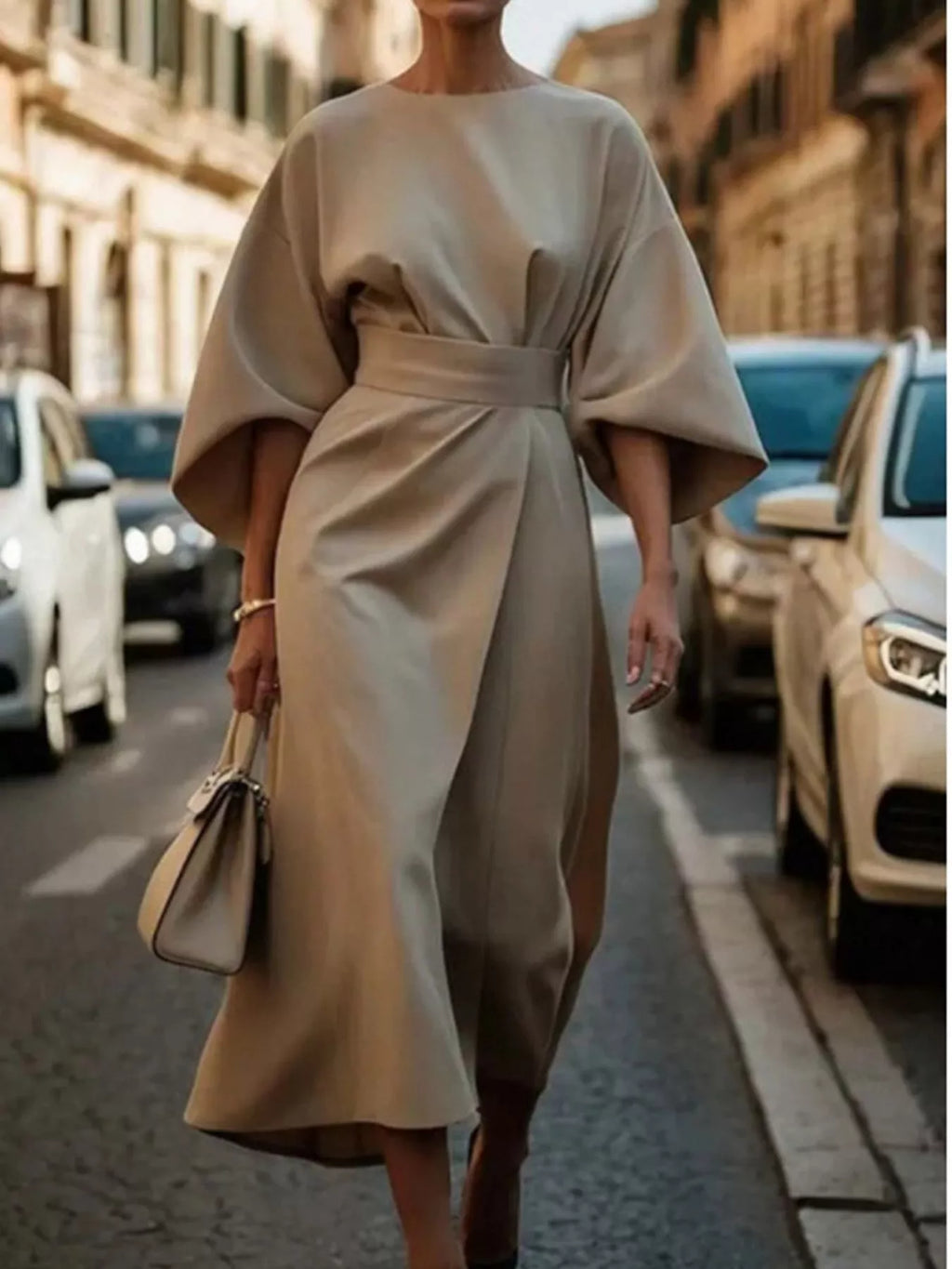 Bettina Kimono-Sleeve Wrap Midi Dress in Khaki, on model