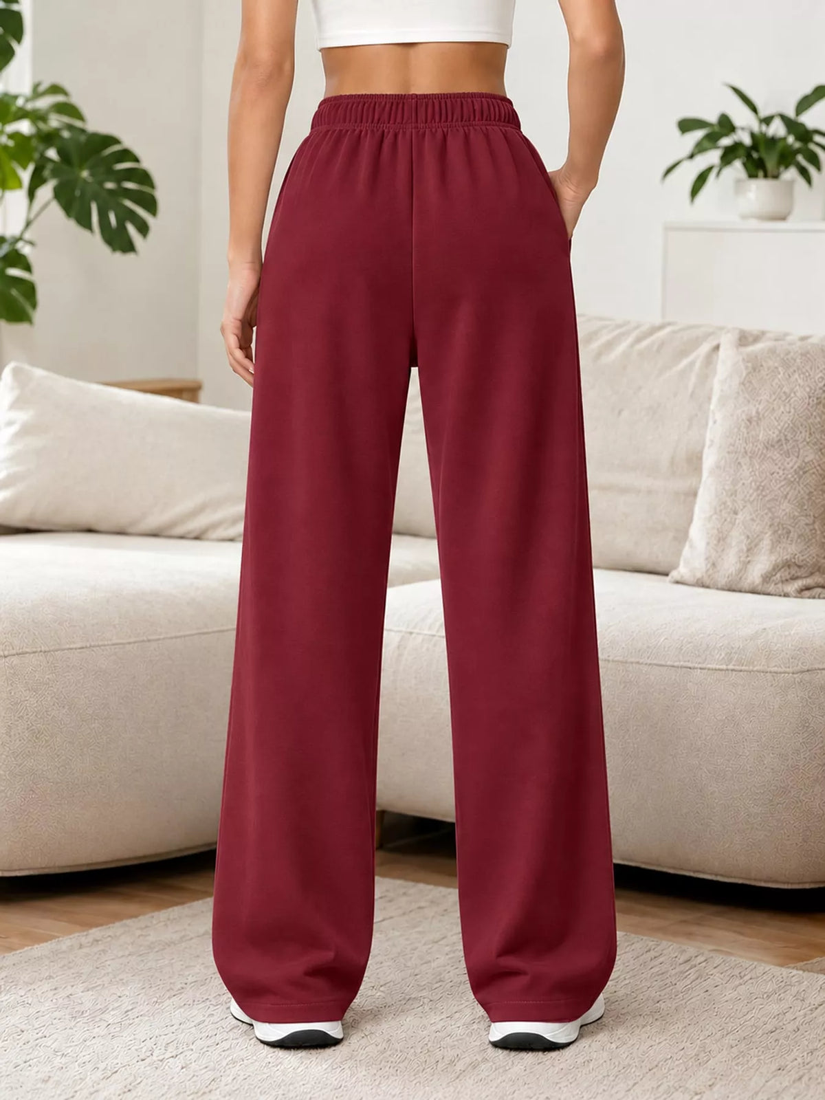 Odessa Drawstring Wide-Leg Sweatpants in Wine Red, on model