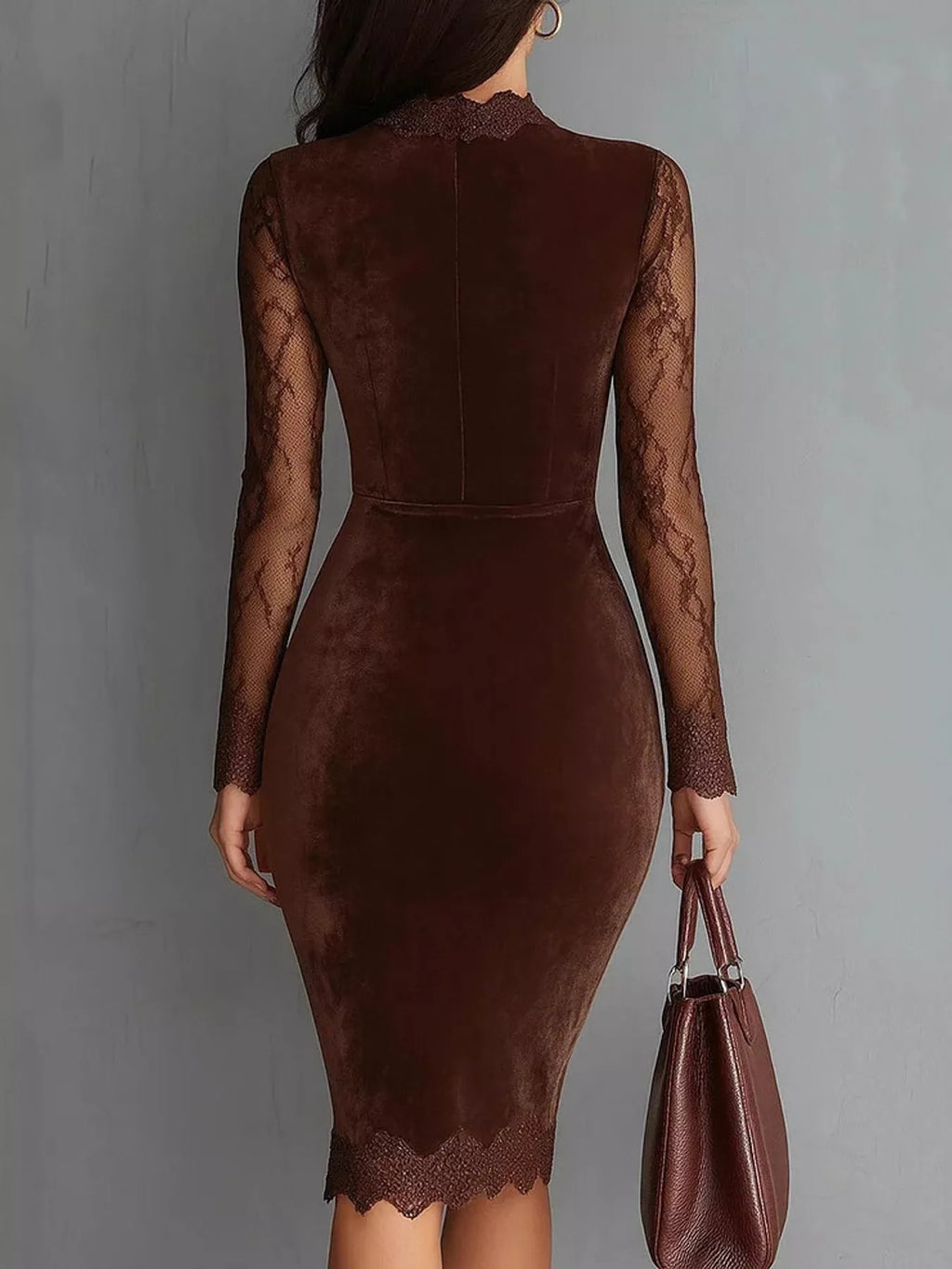 Seraphina Velvet Lace Bodycon Midi Dress in Coffee, on model