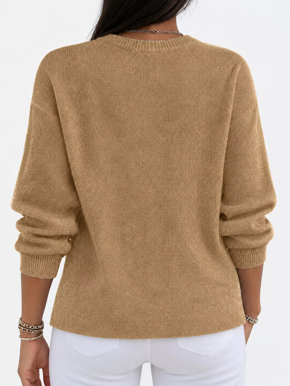 Corinne Classic Crew-Neck Sweater in Khaki, on model