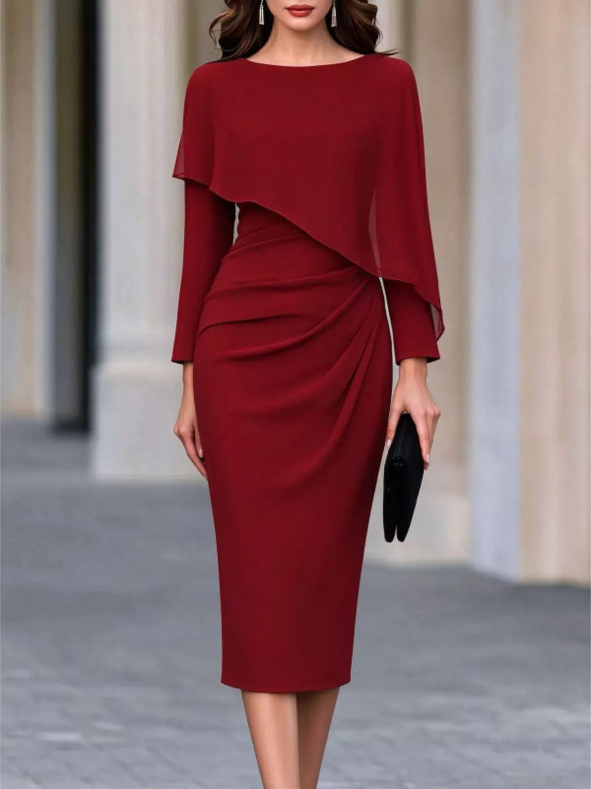 Rosalind Cape-Sleeve Midi Dress in Burgundy, on model