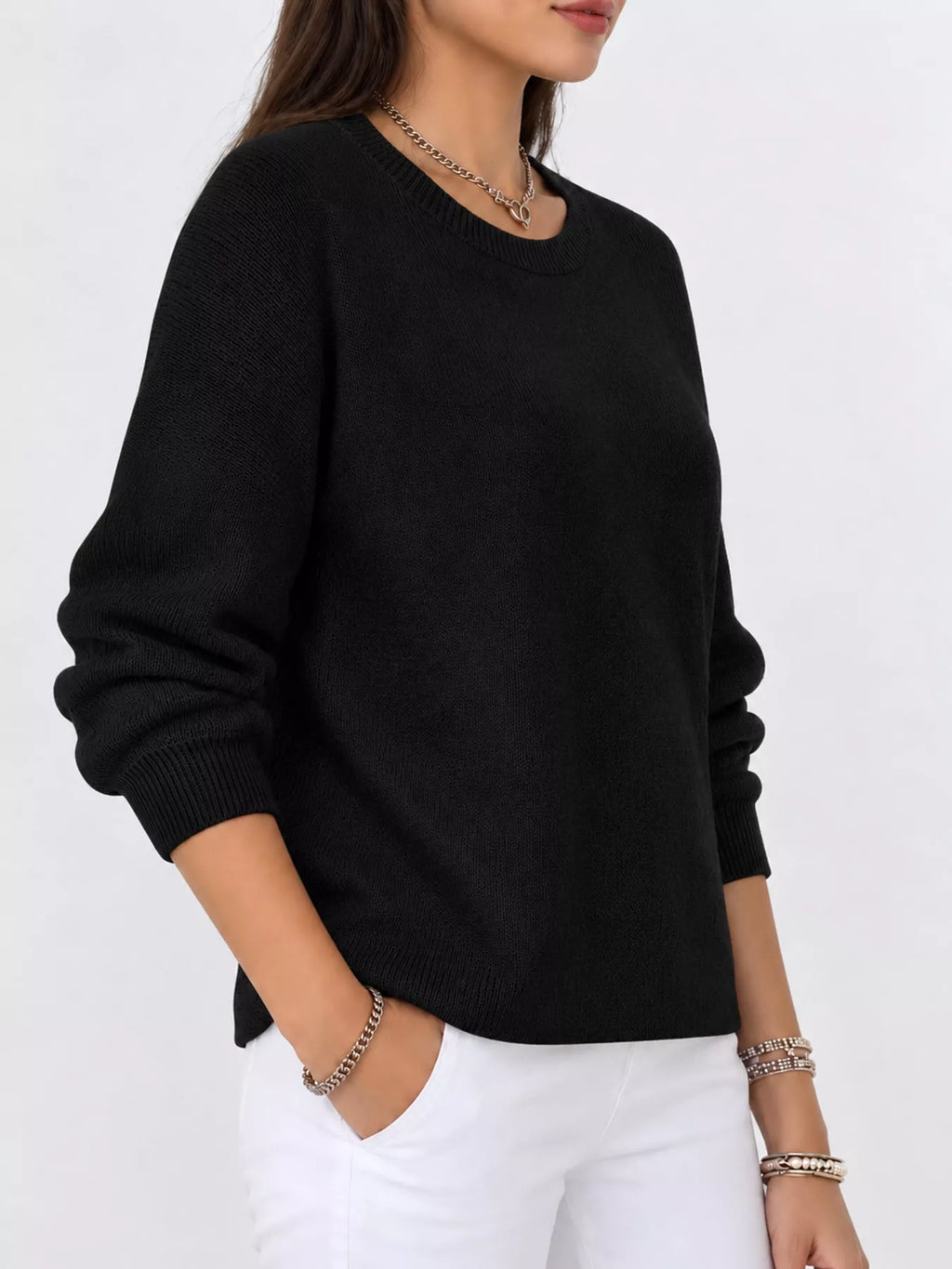 Corinne Classic Crew-Neck Sweater in Black, on model