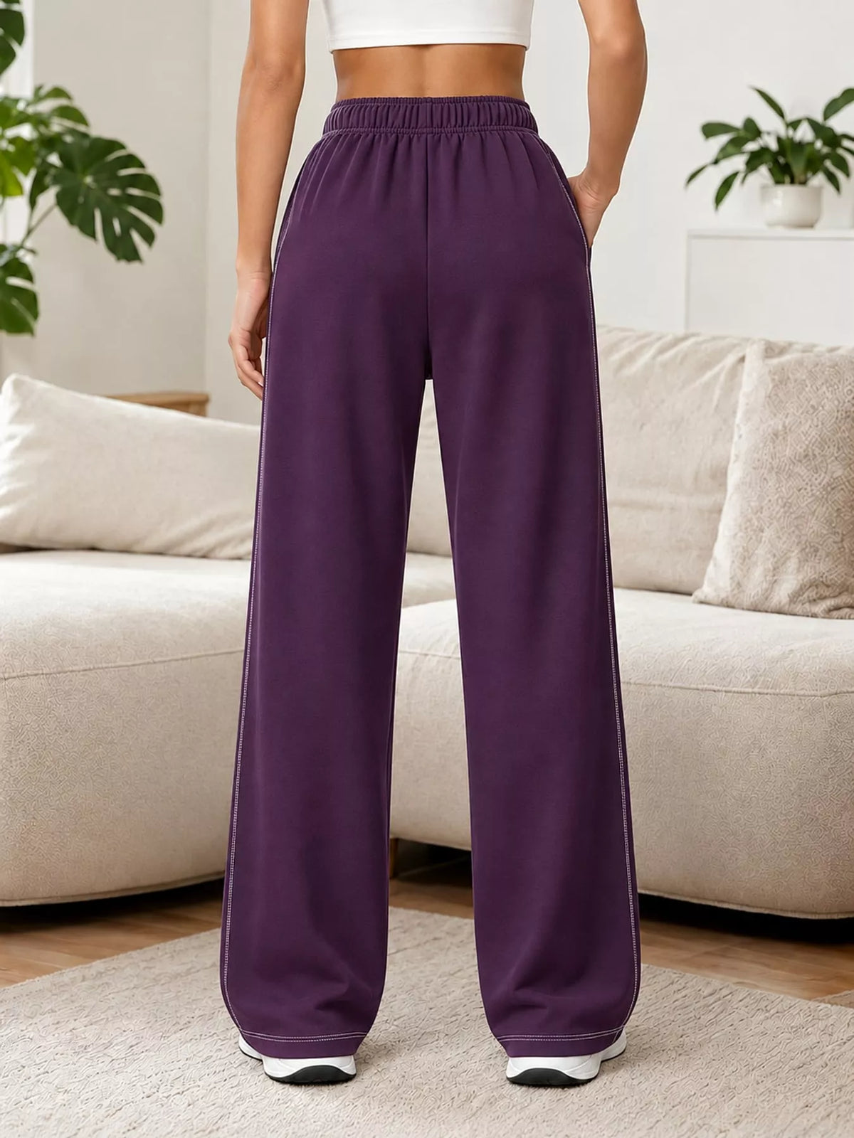 Odessa Drawstring Wide-Leg Sweatpants in Deep Purple, on model