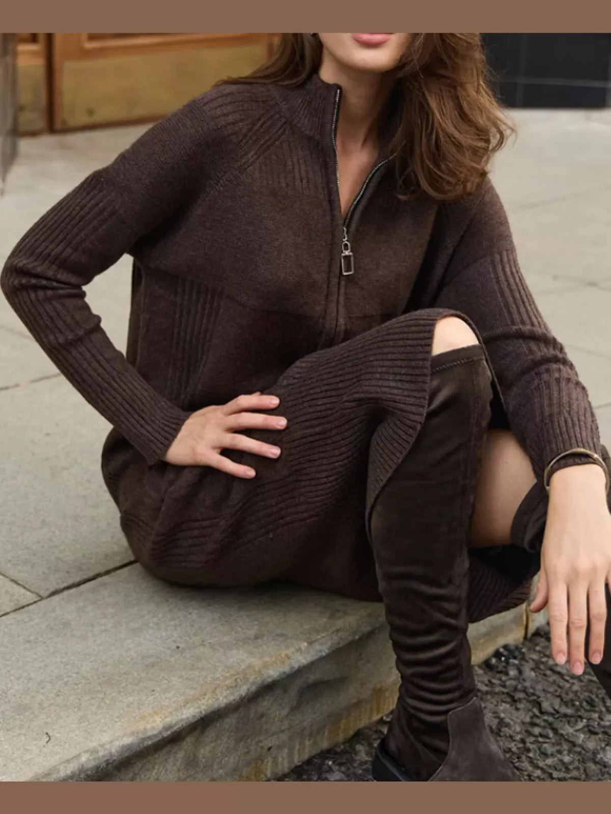 Annelise Half-Zip Ribbed Sweater Maxi Dress in Coffee, on model