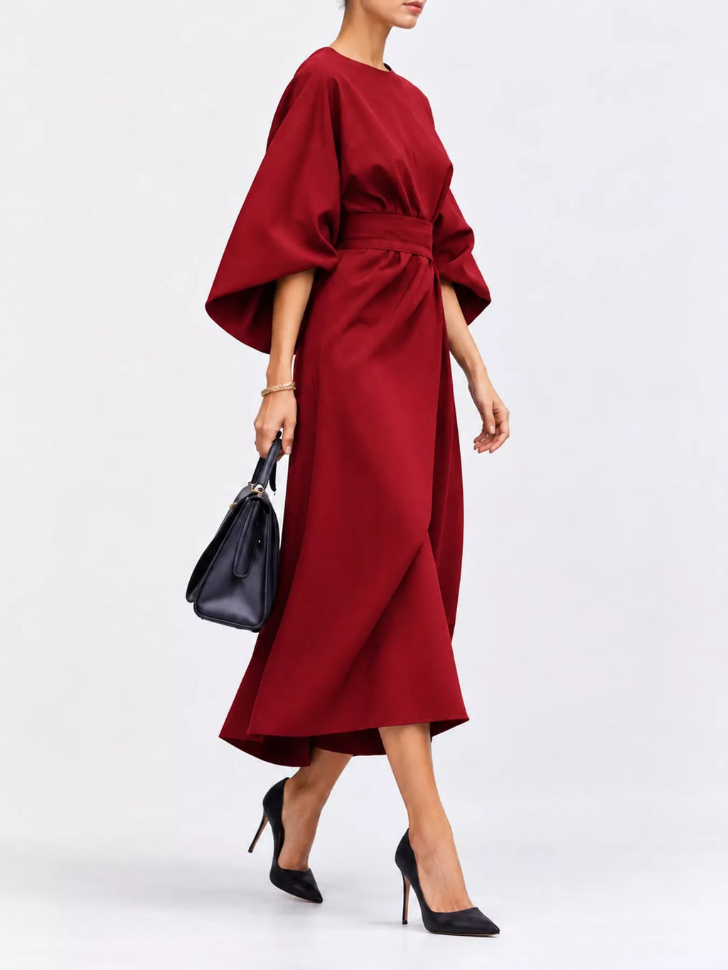 Bettina Kimono-Sleeve Wrap Midi Dress in Red, on model