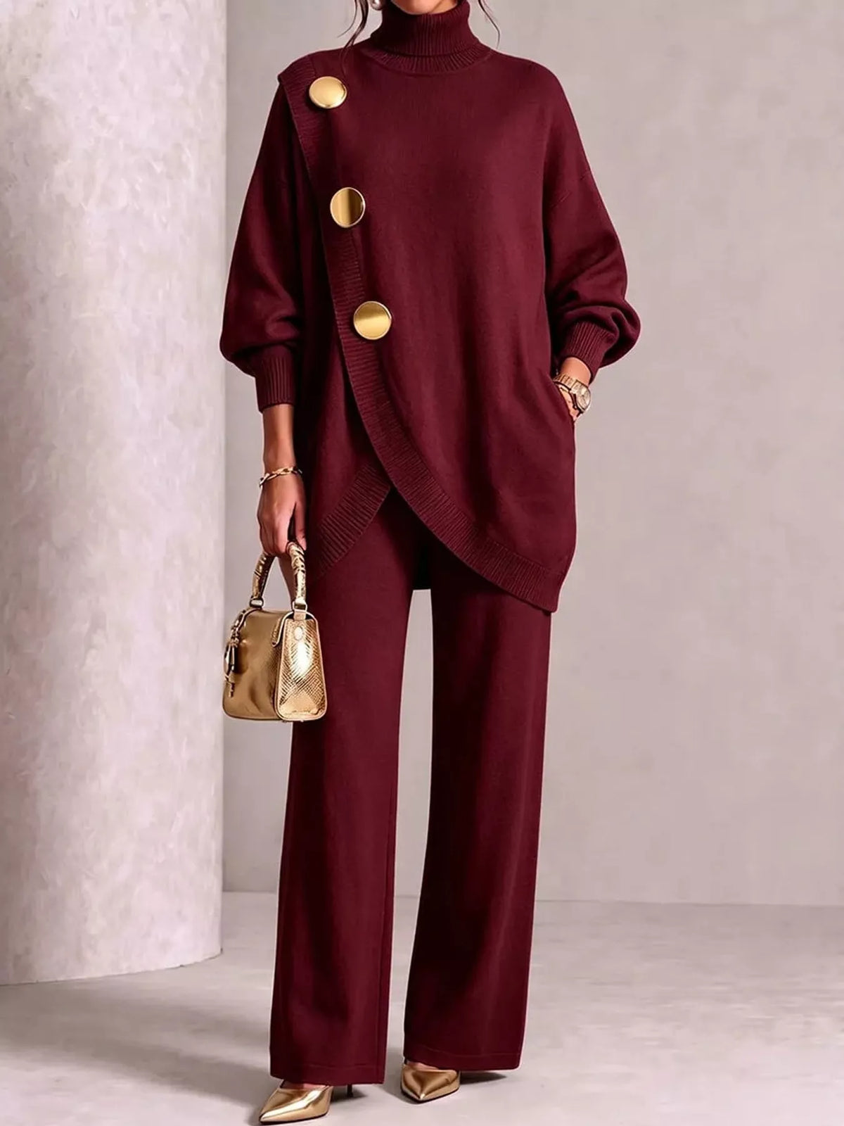 Tove Turtleneck Sweater Tunic + Pants Set in Burgundy, on model