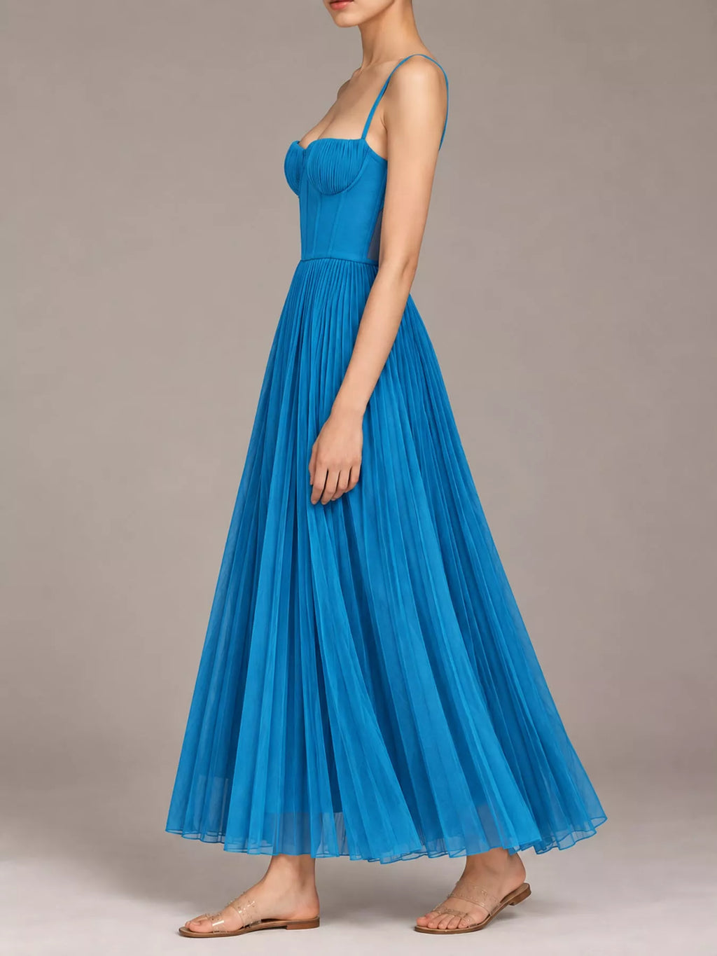 Saoirse Pleated Sweetheart Midi Dress in Blue, on model
