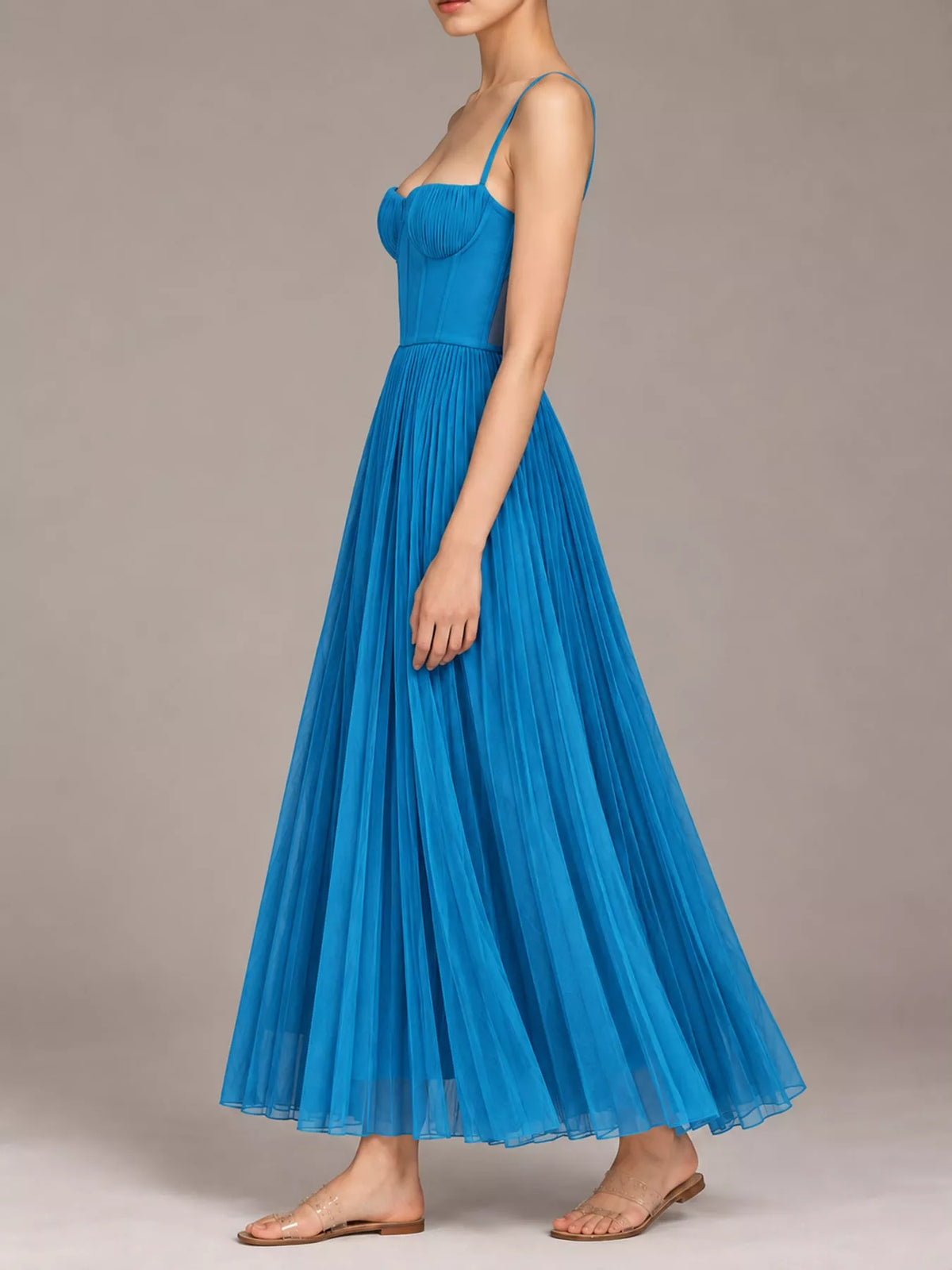 Saoirse Pleated Sweetheart Midi Dress in Blue, on model