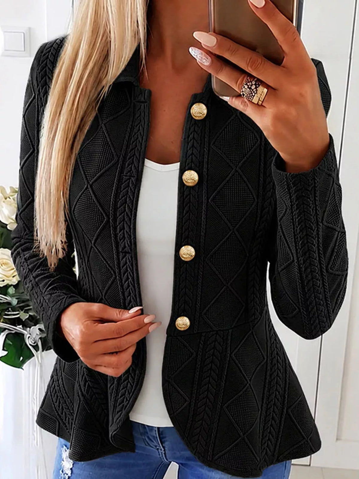 Briar Cable-Knit Peplum Cardigan in Black, on model
