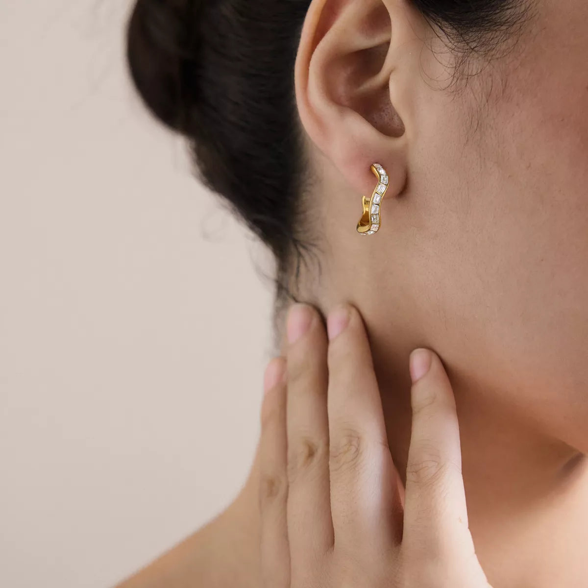 Gemma Gold Zircon Hoop Earrings, worn on model