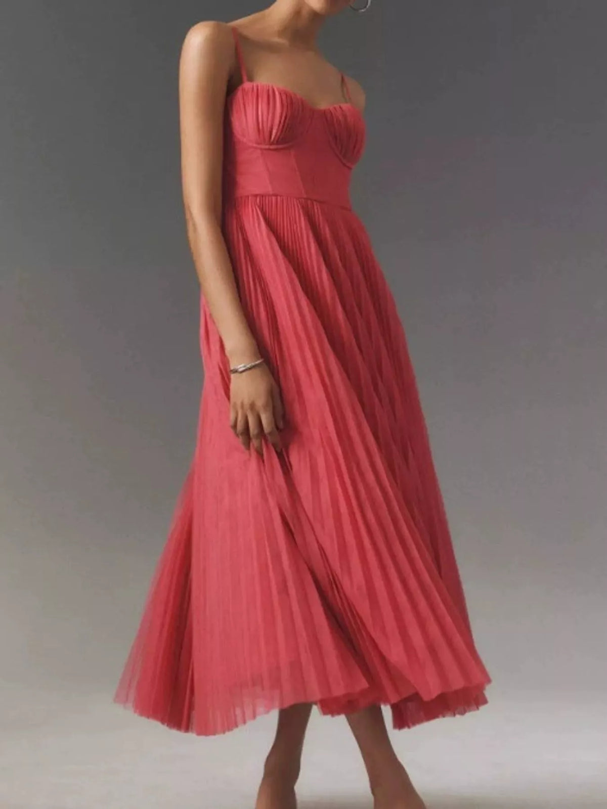 Saoirse Pleated Sweetheart Midi Dress in Watermelon Red, on model