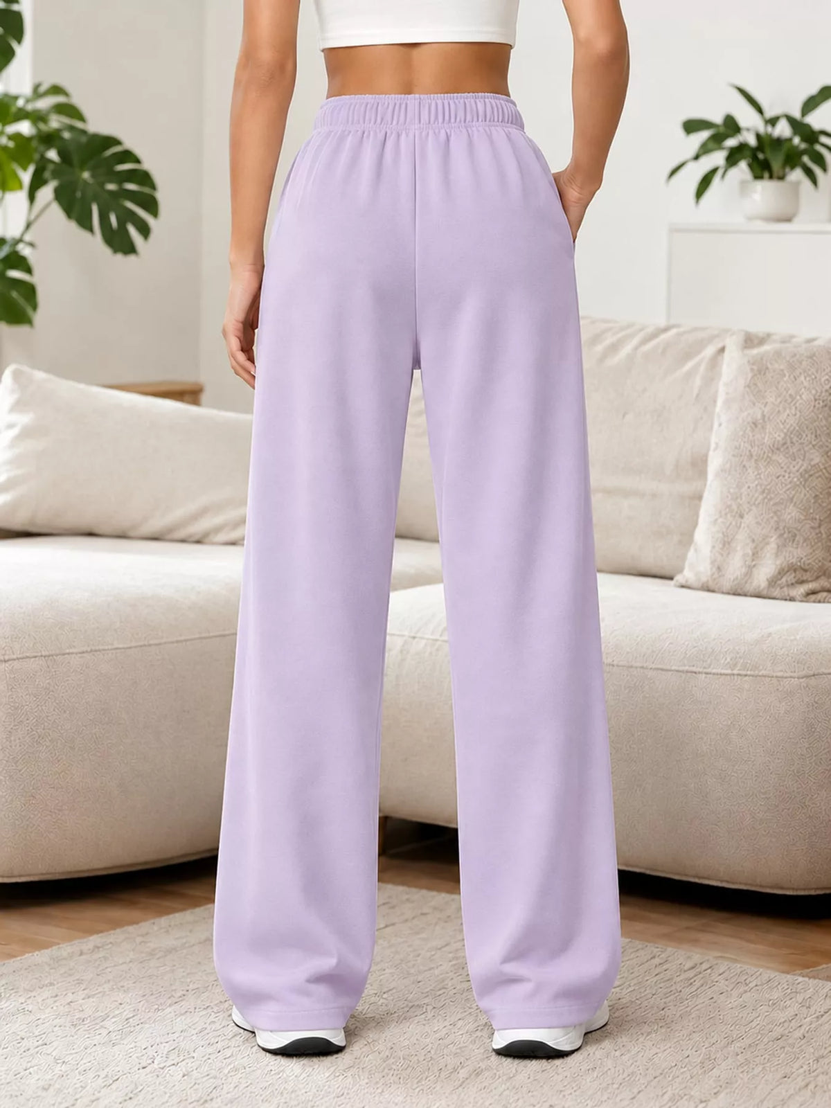 Odessa Drawstring Wide-Leg Sweatpants in Light Purple, on model