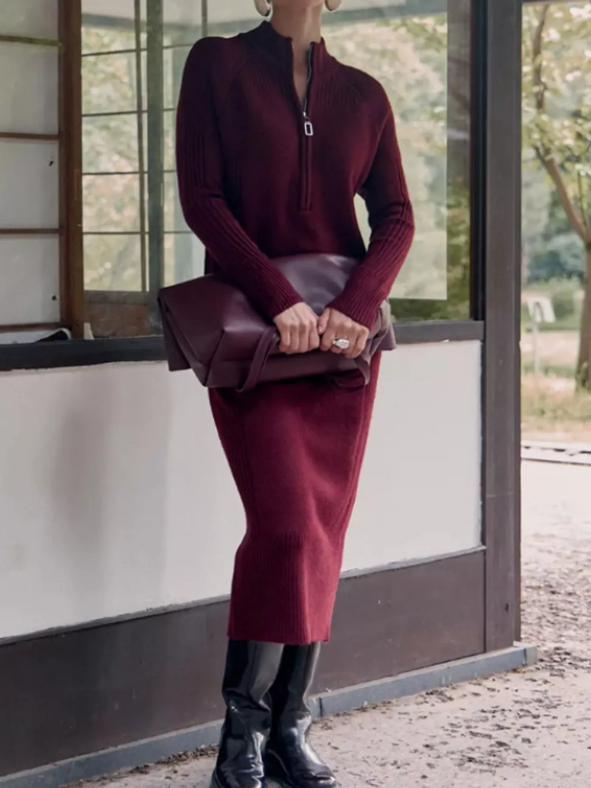 Annelise Half-Zip Ribbed Sweater Maxi Dress in Dark Red, on model