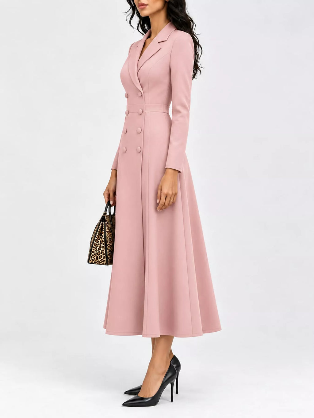 Solenne Double-Breasted Coat Midi Dress in Pink, on model