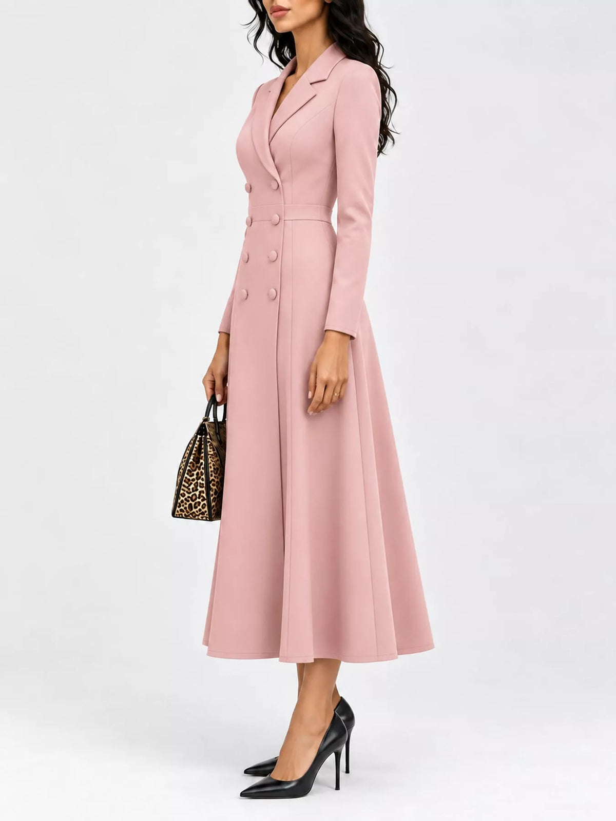 Solenne Double-Breasted Coat Midi Dress in Pink, on model