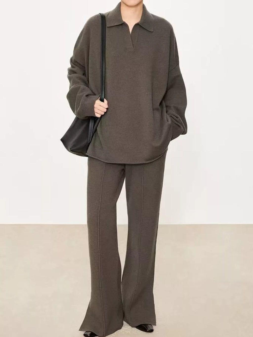 Priya Polo-Collar Drop-Shoulder Sweater in Brown, on model
