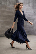 Delia Navy Surplice Midi Dress, on model