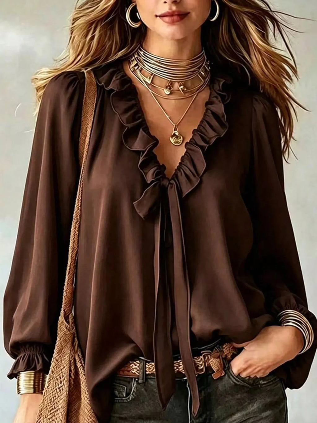 Hollis Ruffled Tie-Front Blouse in Brown, on model