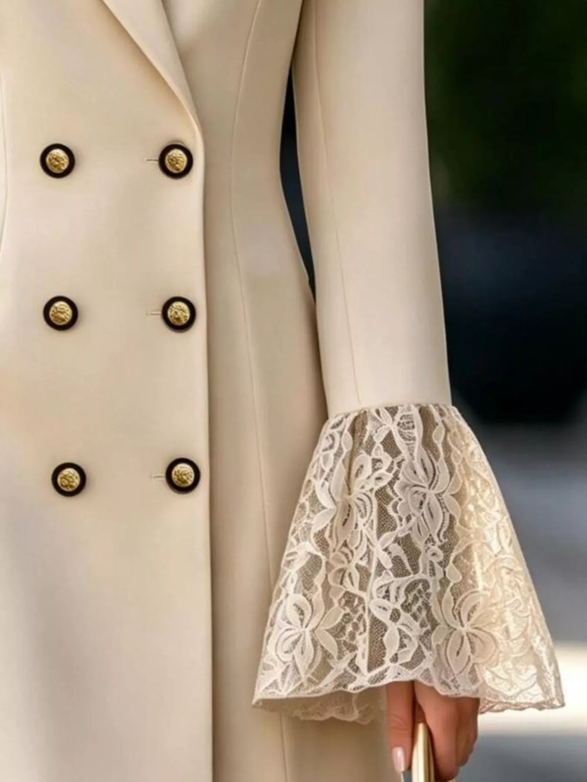 Greer Double-Breasted Blazer Dress in Beige, on model