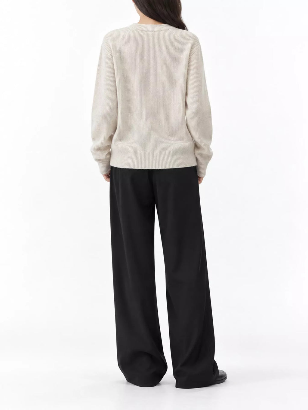 Nell Asymmetric Button Ribbed Cardigan in Pearl Barley, on model