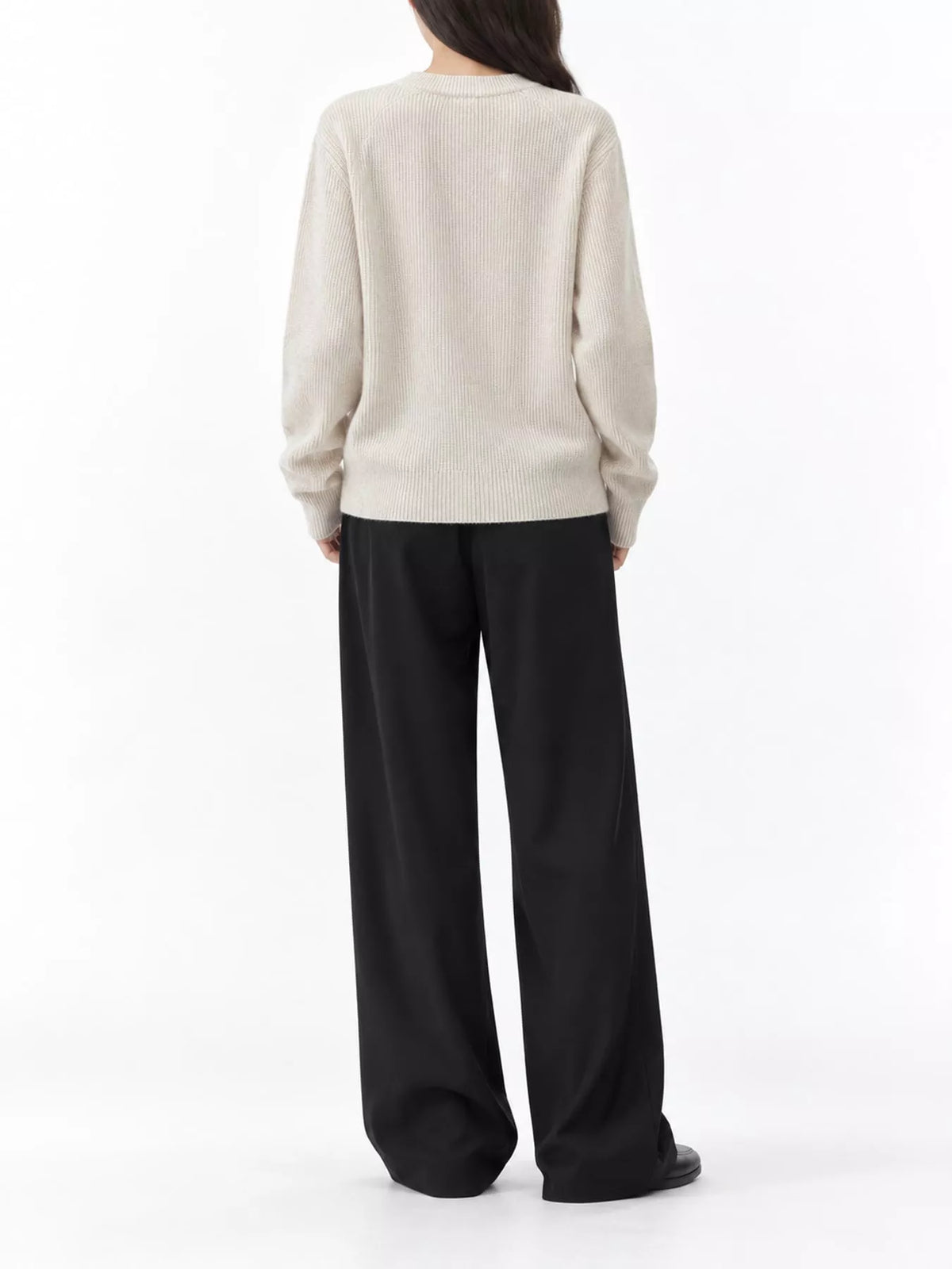 Nell Asymmetric Button Ribbed Cardigan in Pearl Barley, on model